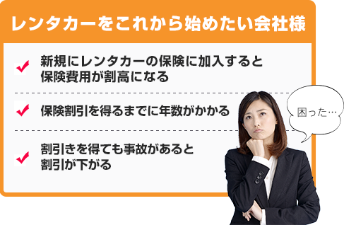 レンタカーをこれから始めたい会社様 新規にレンタカーの保険を加入すると割高になる 保険割引を得るまでに年数がかかる 割引きを得ても事故があると割引が下がる